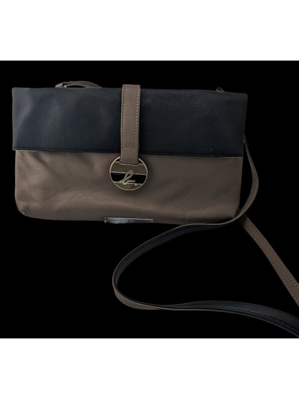 Agnes B. Voyage Vintage Crossbody Bag In Black & Brown Leather With Gold Logo Ac